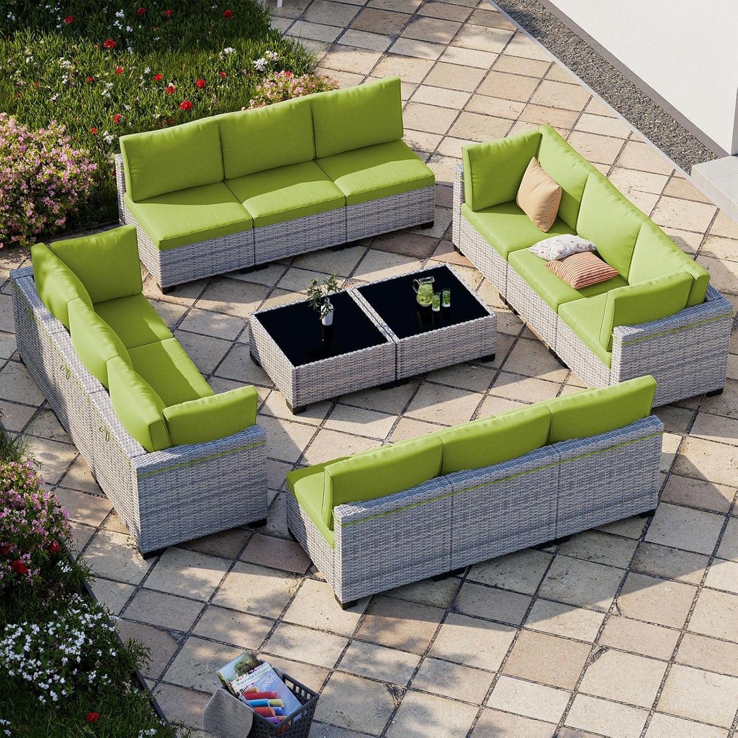 14-Piece Patio Furniture Set, Outdoor Sectional with Thick Cushions, Modular Patio Sofa, Dual-Strand Wicker Rattan, Rust-Resistant Frame, Backyard Furniture for Garden, Deck, Grass Green