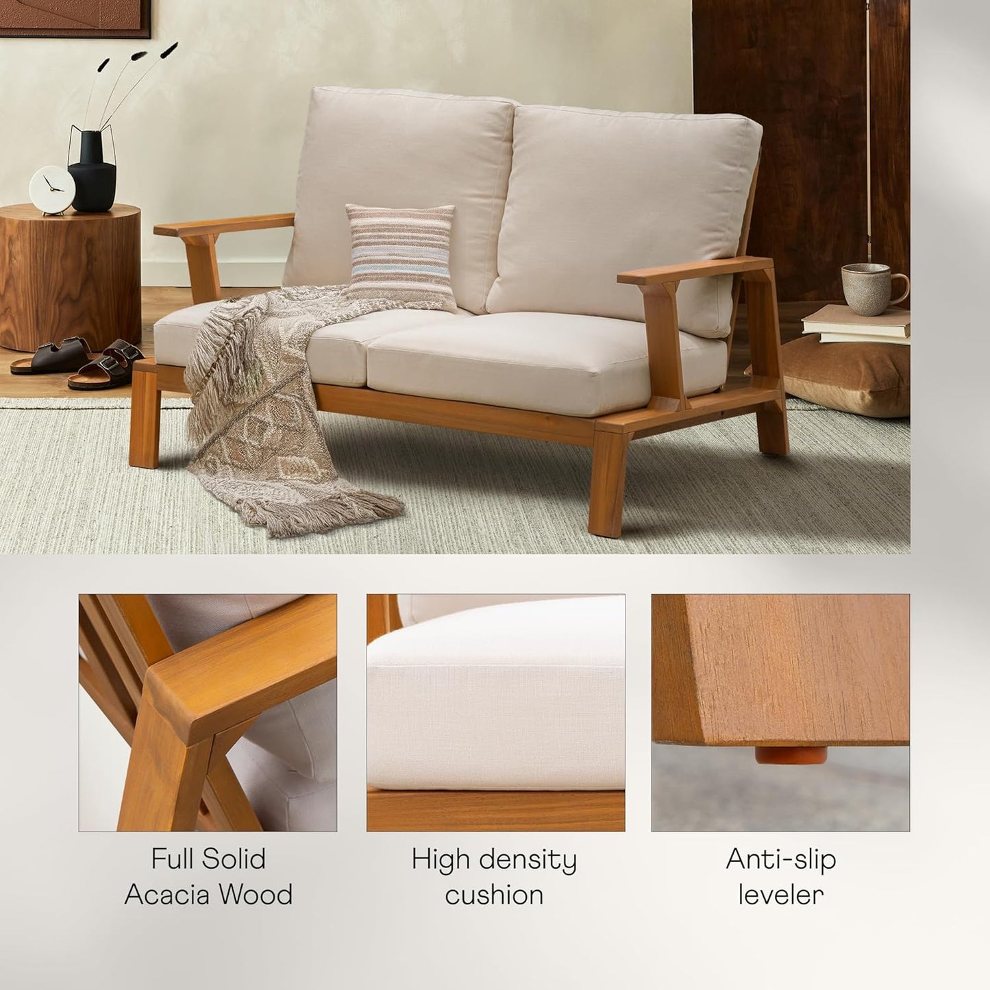 IDZO Jasper Solid Acacia Wood Loveseat Patio Set with Beige Cushions & Coffee Table – Modern Outdoor Furniture for Poolside, Garden, or Deck