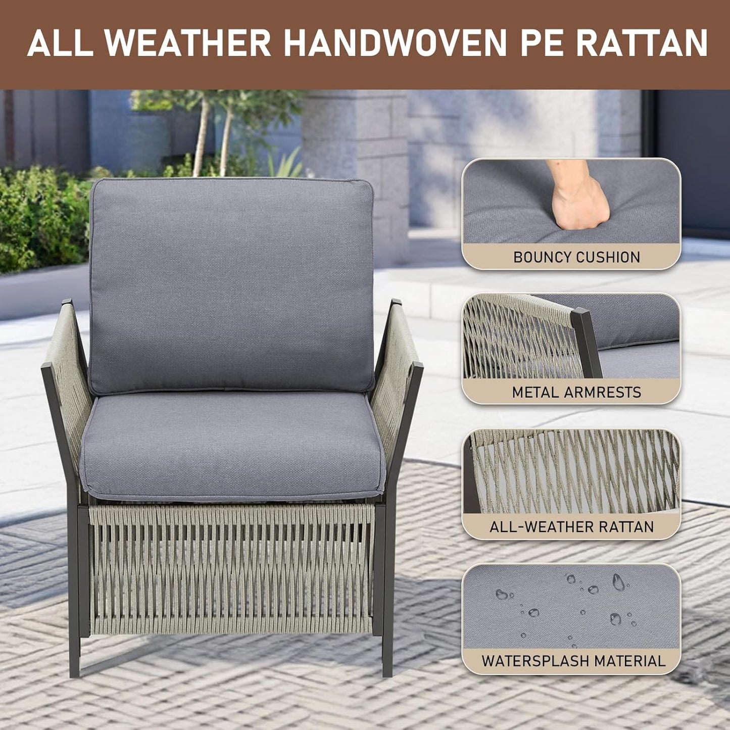 Patio Furniture Set Outdoor Conversation Sofa Set, 5-Piece All Weather PE Rattan Wicker High Back Outside Couch with Ottoman for Porch, Deck, Poolside - Dark Grey