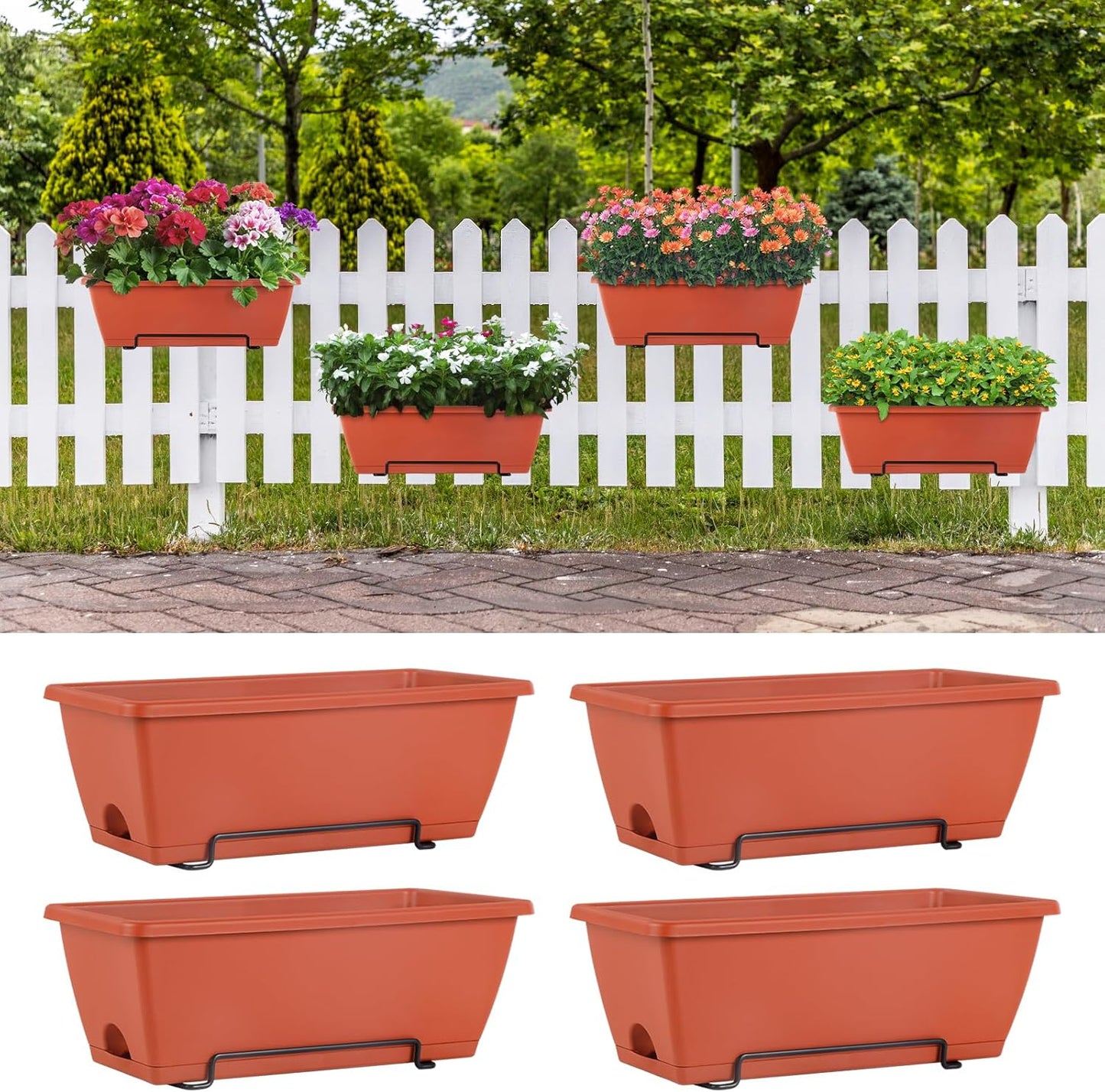 HAITRAL 16.9 Inch Deck Railing Planter Boxes for Plants, Rectangular Hanging Window Boxes Planters with Metal Flower Pots Brackets - 4 Pack Railing Planter Box for Balcony Fences Garden, Red