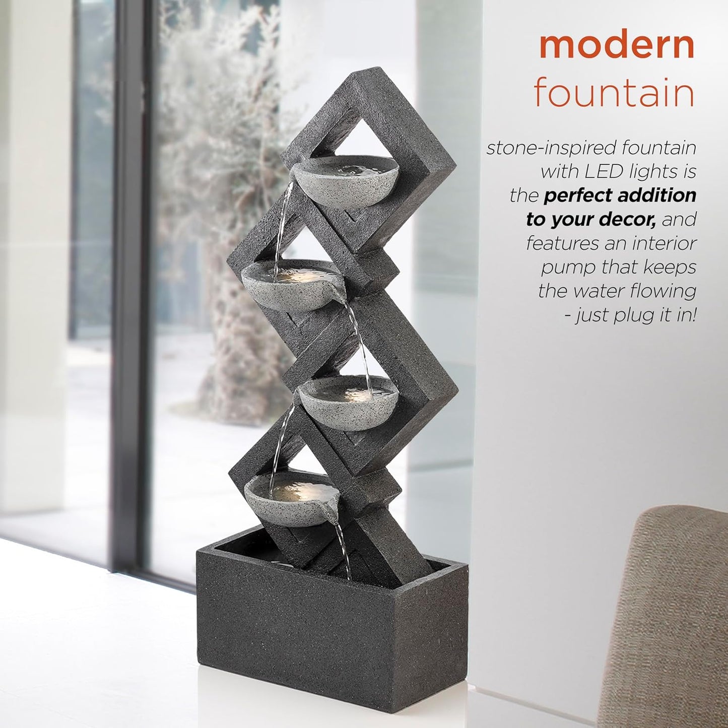 Alpine Corporation GIL1642 Outdoor Floor 4-Tiered Stone-Inspired Waterfall Fountain with LED Lights, 39", Gray