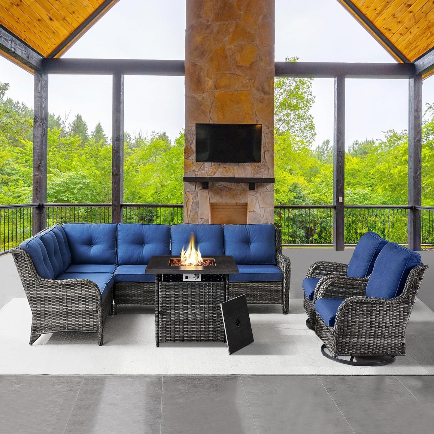 Outdoor Sectional Sofa Furniture Set with 50000BTU Propane Fire Pit Table, Wicker Patio Conversation Set with 2 Swivel Glider Rocker Chairs Blue Cushion Perfect for Backyard Casual Gathering