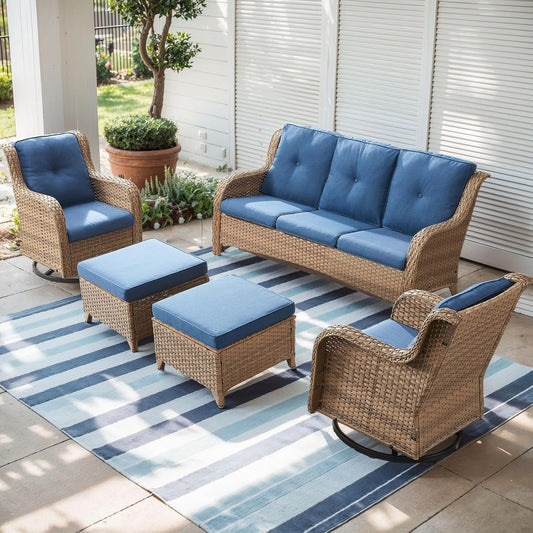 Outdoor Wicker Patio Furniture Set - 5 Piece Rattan Patio Conversation Set with 2 Rocking Swivel Chairs,2 Ottomans and 1 Sofa for Porch Deck Backyard Garden(Yellow/Blue)
