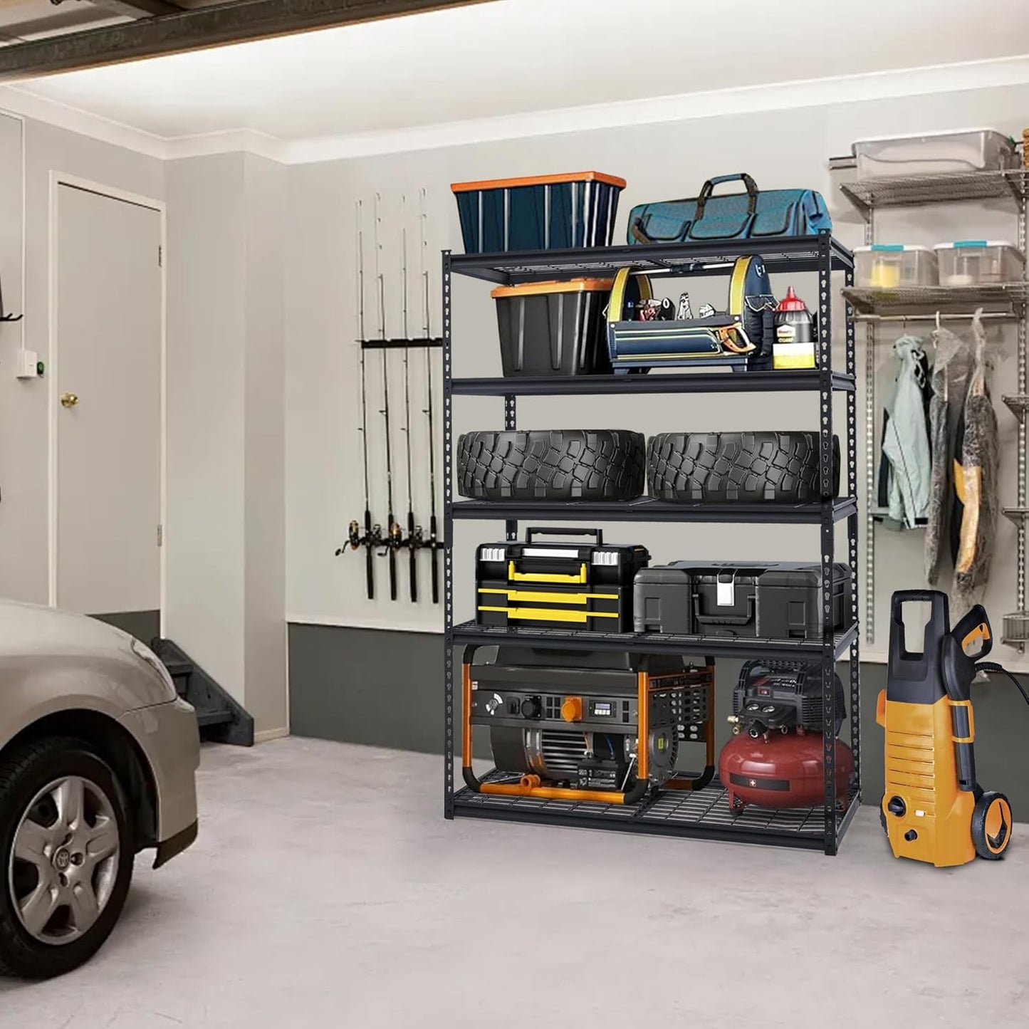 2500 LBS Storage Shelves, 5 Tier Garage Shelving, Heavy Duty, Adjustable Metal Shelving Unit, Industrial Utility Shelf Rack for Garage, Basement, Pantry, 72" H x 48" W x 24" D, Black