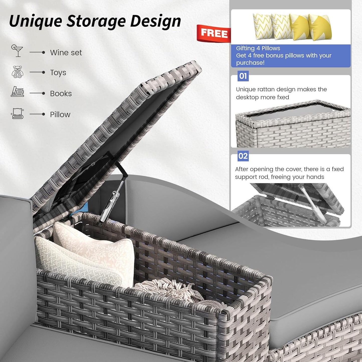 Patio Sectional Furniture Outdoor 8-Piece Grey Rattan Curved Sofa Set with Fire Pit Table,Storage Table,Pillows,Fit for Pool Backyard Balcony Porch Lawn (Grey)