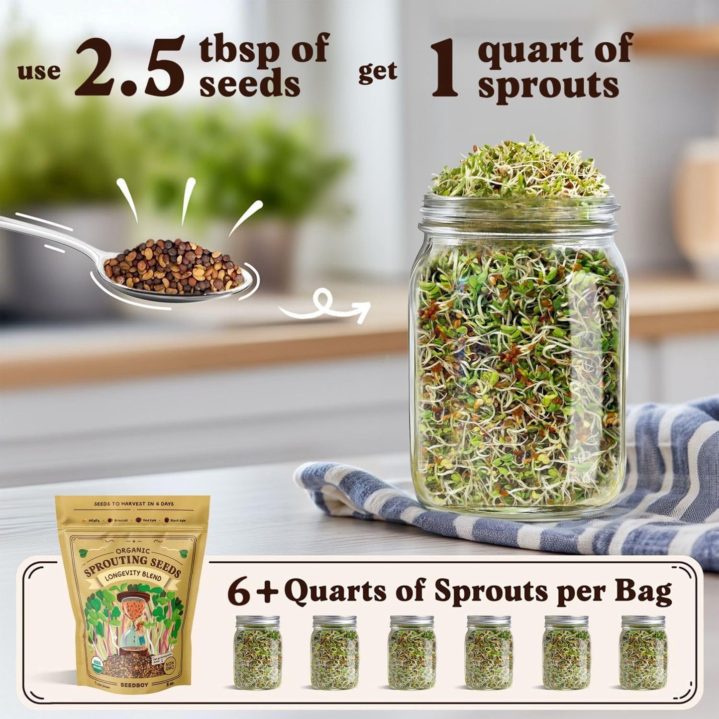 Seedboy Organic Sprouting Seeds - Longevity Blend- Non-GMO, USA Grown Microgreens Mix - Broccoli, Red Kale, Black Kale, Alfalfa - Makes Over 6 Quarts of Sprouts, 20 Servings (8 oz) (Longevity Blend)