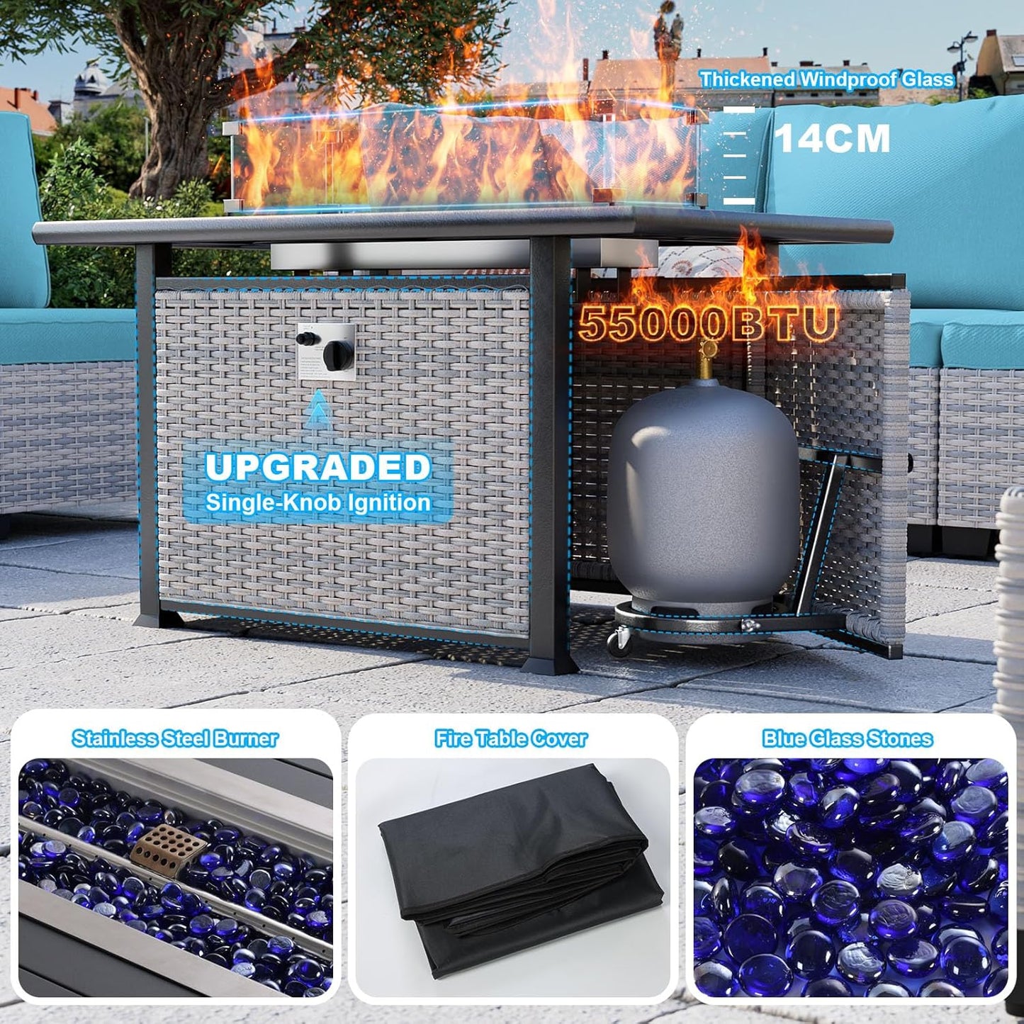 15-Piece Patio Furniture Set, Outdoor Patio Furniture with 55,000 BTU Fire Pit Table, Thick Cushions, Modular Patio Sofa, Dual-Strand Wicker Rattan, Rust-Resistant Frame, Lake Blue