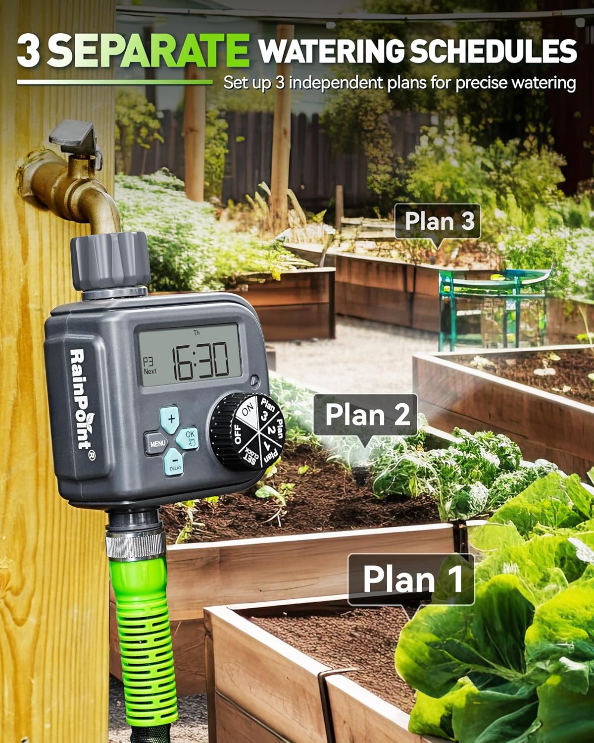 RAINPOINT Sprinkler Timer with 3 Independent Programs, Hose Timer with Rain Delay/Manual/Automatic Irrigation System, Watering Timer for Garden, Lawn, Yard