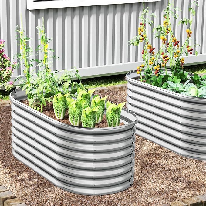 Giantex 5x3x2ft Raised Garden Bed, Large Metal Elevated Oval Planter Bed, 193 Gallon Capacity, Outdoor Planting Garden Box for Vegetable Flower Herb Grow (Silver)