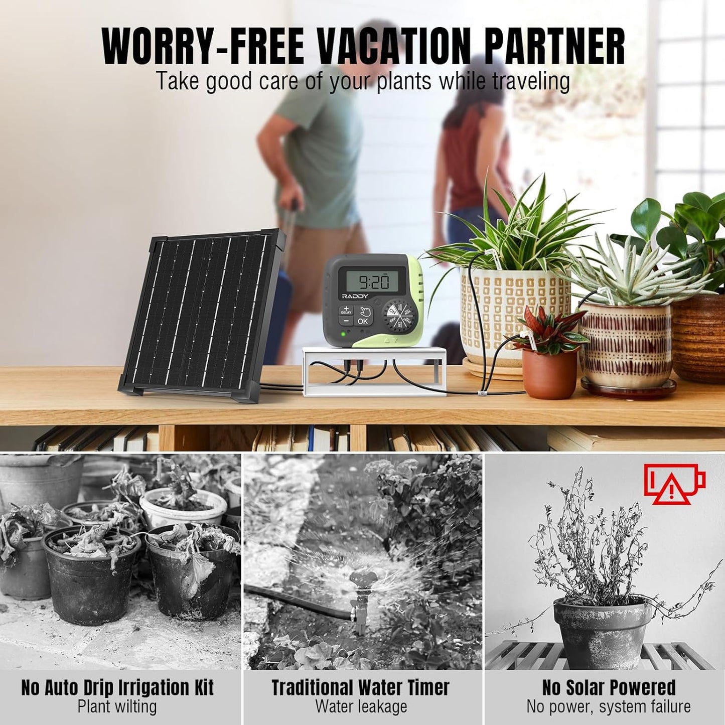 Raddy WS-1 Drip Irrigation Kit, 5W Solar Powered Automatic Watering System, Easy DIY Water Timer for Plants on The Balcony, Gardens, and Green House, Supported 15 Pots