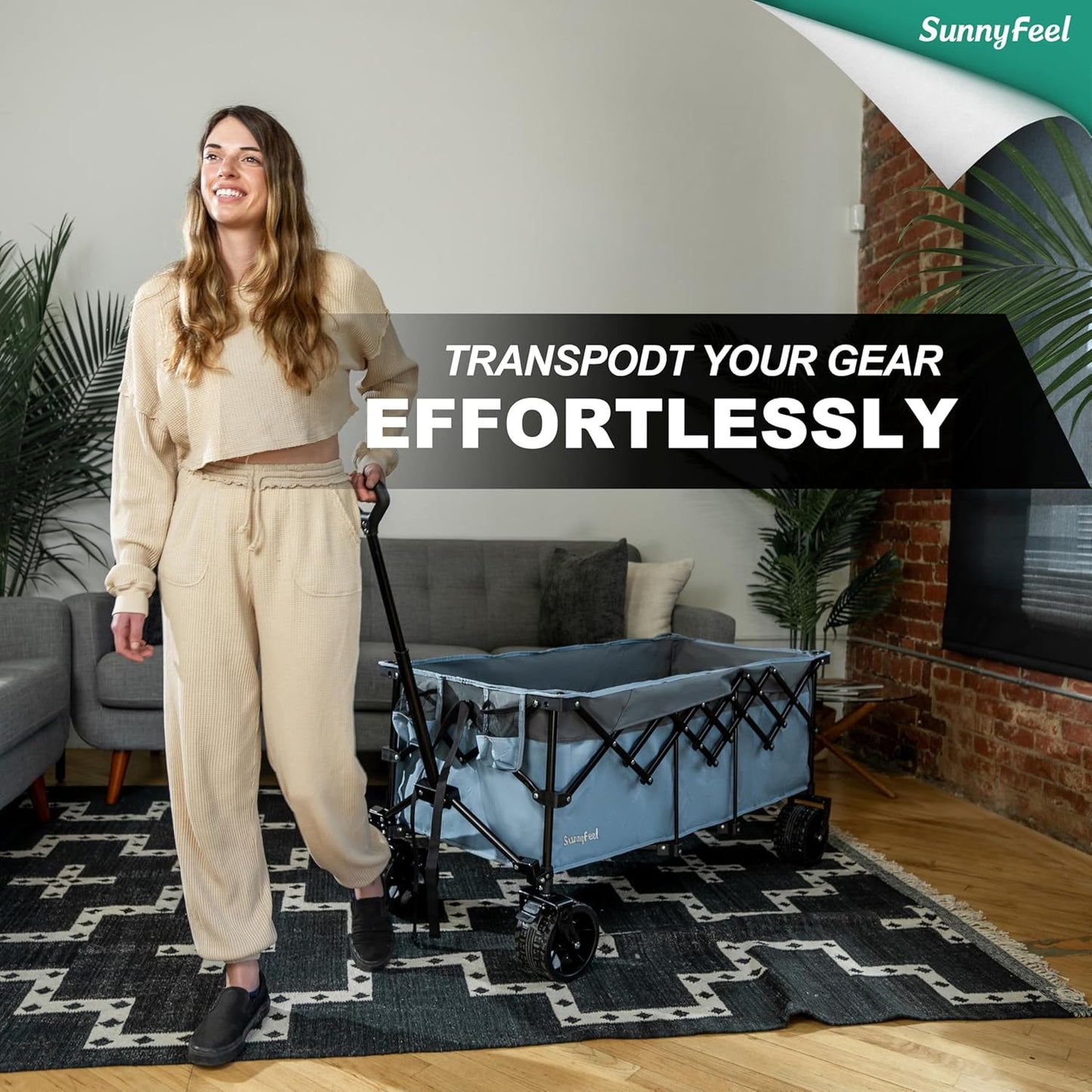 SUNNYFEEL 49''L 550lbs Heavy Duty Wagon Cart Foldable with Wheels,Extra Long Fold Up Wagons Carts with Side Pocket and Brakes for Camping Sports Garden Shopping (Blue)