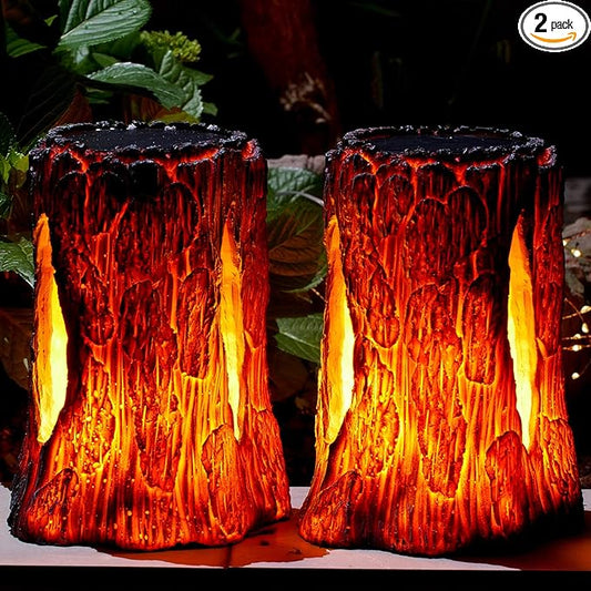 TONULAX Solar Lights Outdoor - Stump On Fire Torch, Flickering Flame Lantern, Solar Powered Landscape Decoration for Garden, Patio, Pathway, Deck & Yard Decor (2 Pack), Resin, Copper