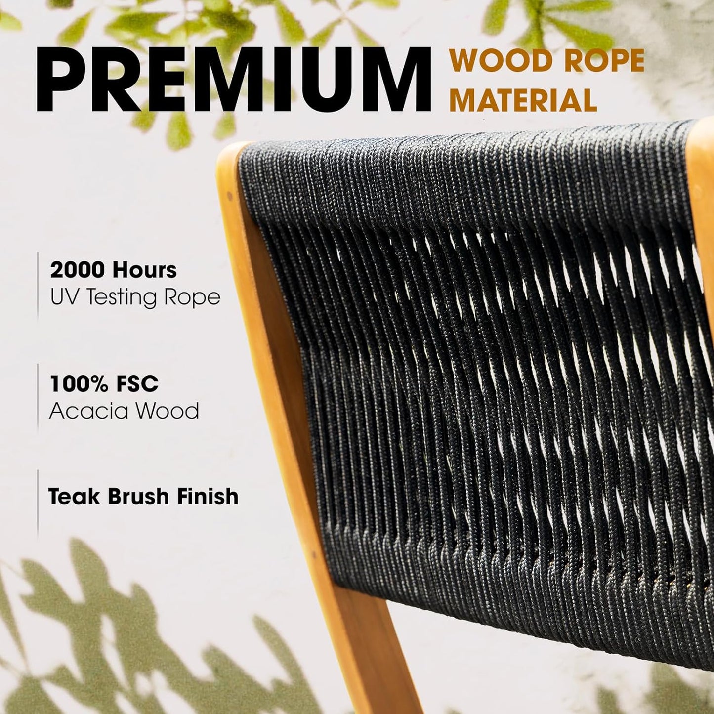 IDZO Wood Rope Design Heavy Duty 400lbs Capacity Patio Bistro Set 3 Piece Outdoor, Black