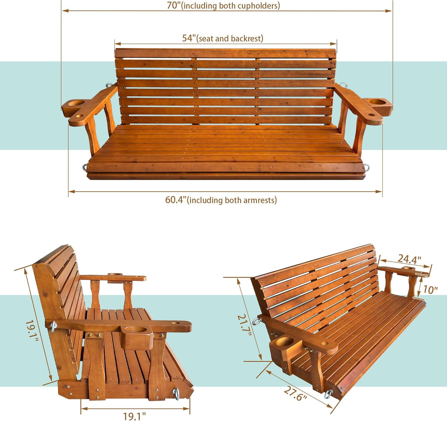 Wooden Porch Swing 3-Seater, High Backrest and Deep Seat, Bench Swing with Cupholders, Hanging Chains and 7mm Springs, Heavy Duty 880 LBS, for Outdoor Patio Garden (Cedar Tone, 5 FT Extra Large)