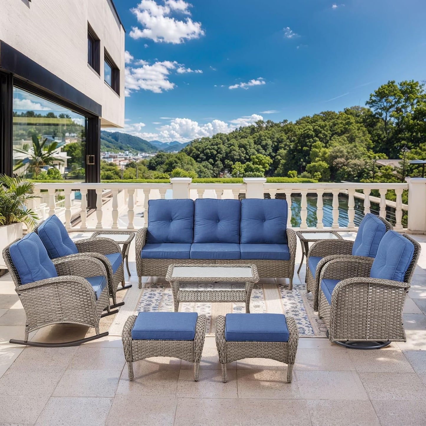 Patio Furniture-All Weather Wicker Patio Conversation Sets with Swivel Patio Chairs High Back Outdoor Couch with Swivel Rocking Chairs Outdoor Furniture for Deck Lawn Porch Balcony Poolside-Grey/Blue