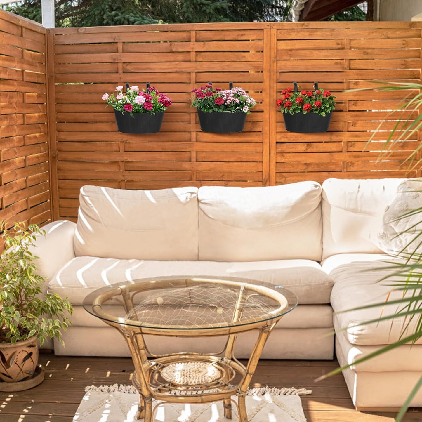 Mkono Metal Railing Planter Box 3 Pack Balcony Hanging Planter for Outdoor Plants with Detachable Hooks and Drain Holes Fence Planters for Any Balcony, Porch or Deck (3, Small)