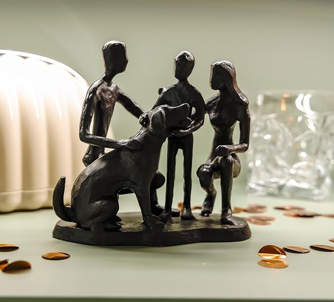 Family and Dog Statues, Cast Iron Family of 3 Figurine, Gift for Dog Lovers,Dog Memorial Gift, Black