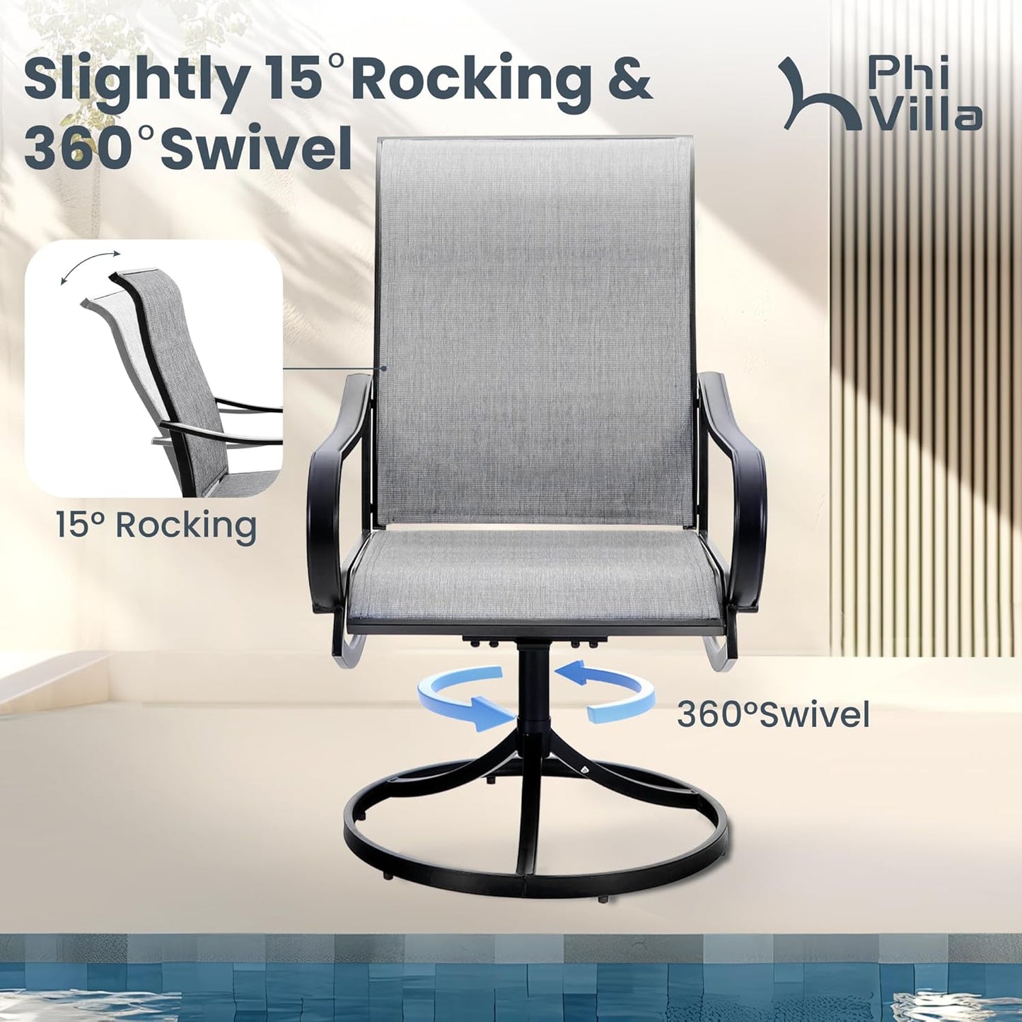 PHI VILLA Patio Swivel Dining Chairs Set of 6, Outdoor Chair with Textilene Mesh Fabric & Black Metal Frame for All Weather Outdoor Lawn Garden Poolside (Gray)