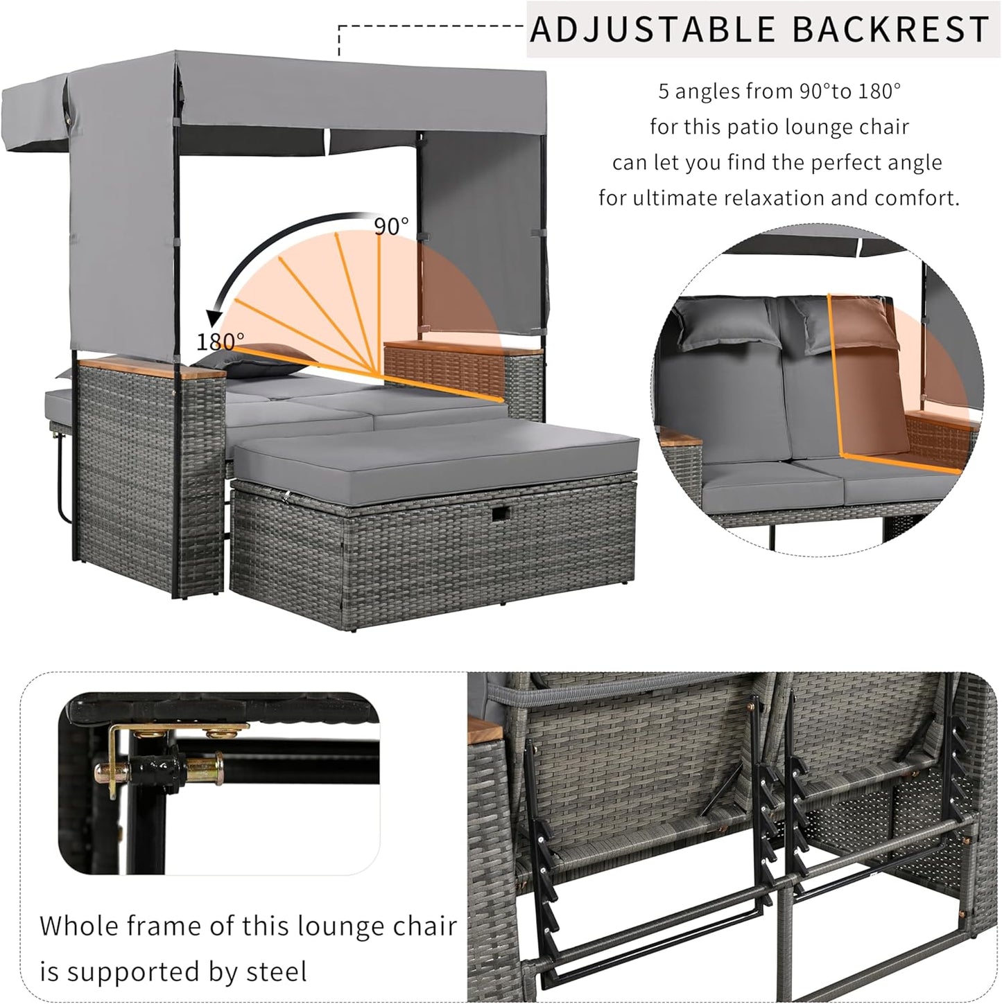 Merax 2-Piece Outdoor Rattan Daybed, Wooden Handrail Table Patio Loveseat Sofa Bed with Bench Lounge Roof Set and Cushions for Poolside, Backyard and Garden, Grey