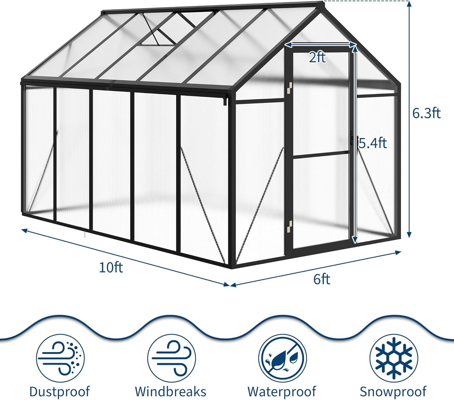 6x10 FT Greenhouse, Easy Assembly Aluminum Polycarbonate Greenhouses for Outdoors with Roof Vent and Ground Nails, Heavy Duty Aluminum Walk-in Greenhouse for Backyard, Sliding Lockable Door, Black