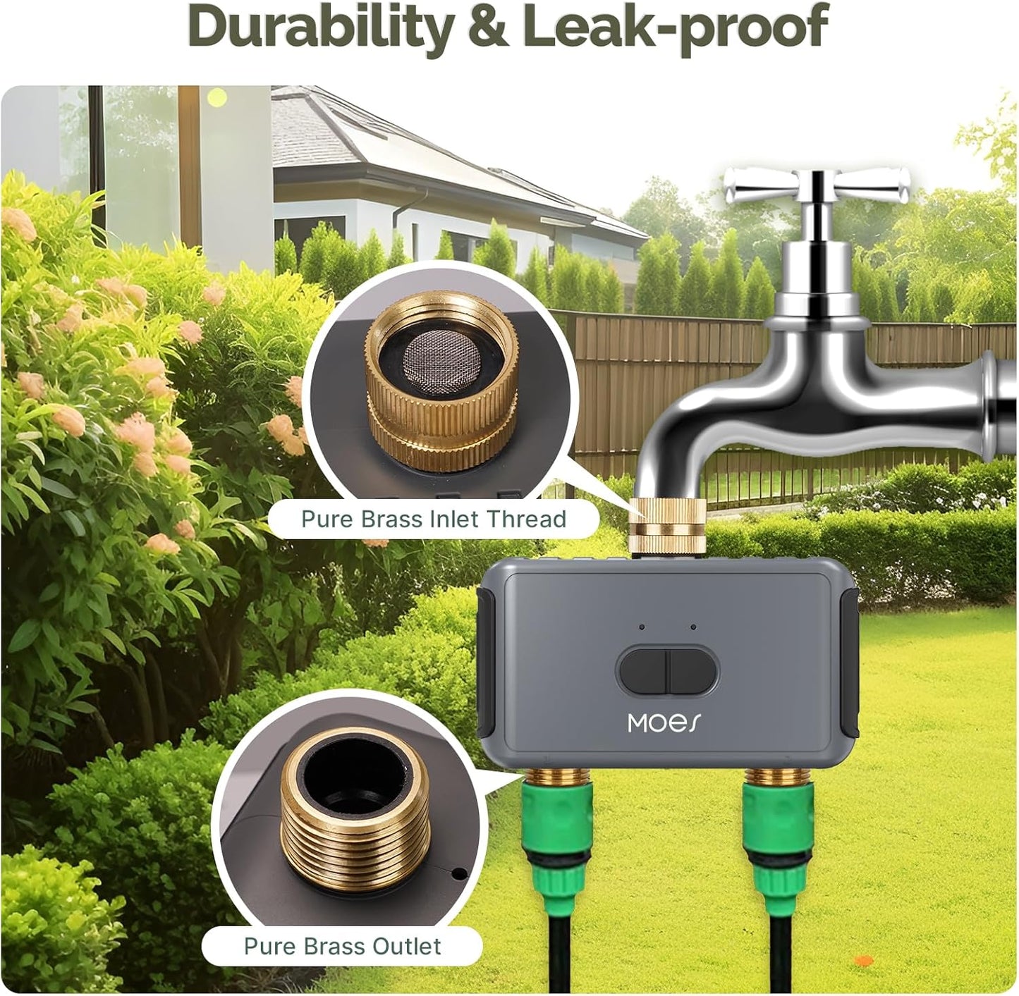 MOES WiFi Sprinkler Timer 2 Zone with Brass Inlet & Outlet, Water Timer for Garden Hose Faucet, Programmable Watering Irrigation 2 Outlet, Smart Watering System for Lawns and Yard Work with Alexa