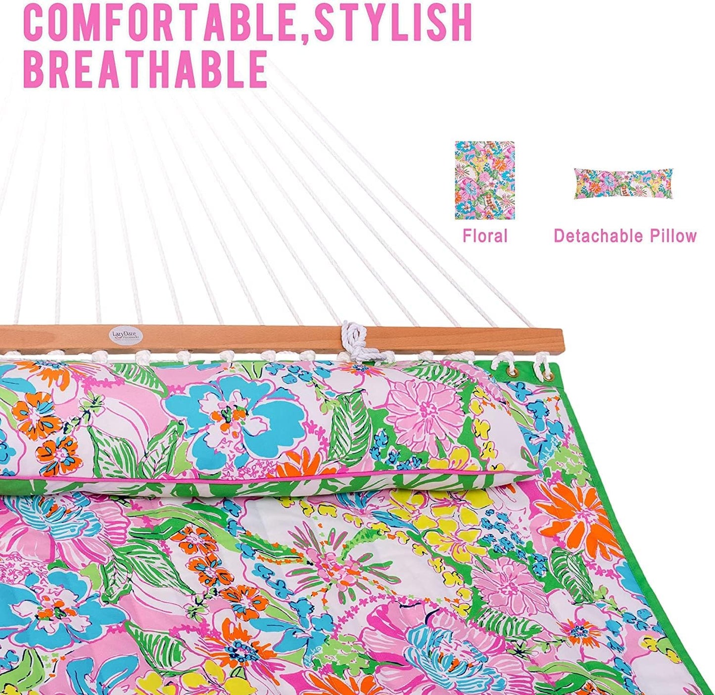Lazy Daze Hammocks 12 FT Double Layered Quilted Fabric Hammock Swing with Pillow and Carrying Bag, Elegant Tassels and Spread Bar Heavy Duty Stylish for Two Person, Floral
