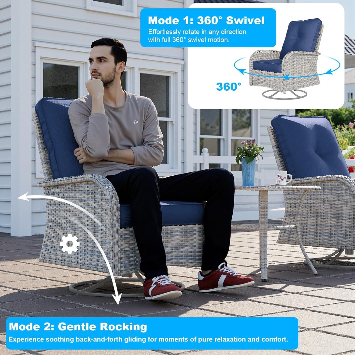 15-Piece Patio Furniture Set, Outdoor Patio Furniture with 55,000 BTU Fire Pit Table, Thick Cushions, Modular Patio Sofa, Dual-Strand Wicker Rattan, Rust-Resistant Frame, Navy Blue