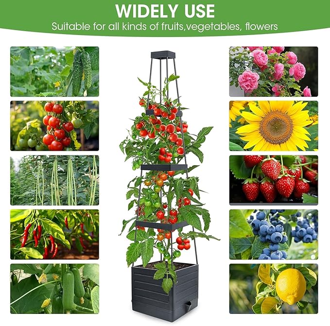 Raised Garden Bed Planter Box with Trellis, 58” Tomato Cage Planter Raised Garden Bed with Trellis for Climbing Vegetables Plants Tomato Cage w/Self-Watering, Indoor Outdoor Use (4)