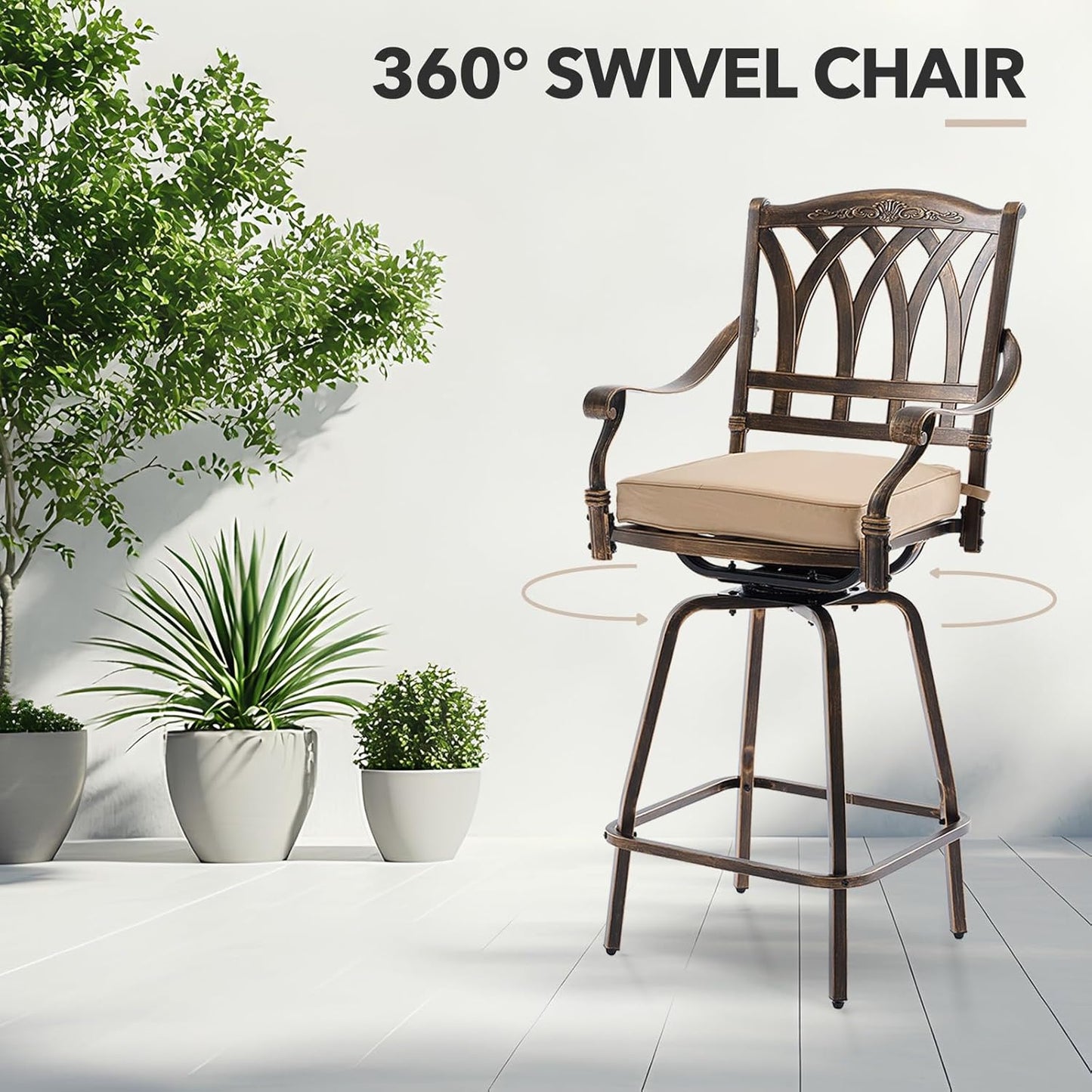 3 Piece Swivel Outdoor Table and Chairs Bar Set , All-Weather Cast Aluminum Outdoor High Top Patio Bar Set Bistro Set, High Swivel Stools with Cushions Umberlla Hole for Balcony, Poolside,Garden,Lawn