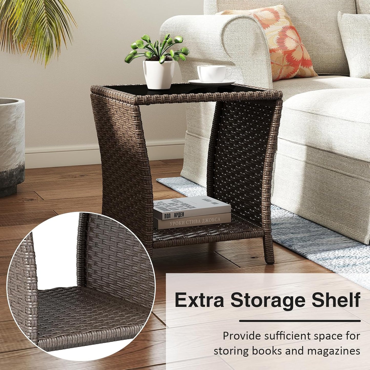 Outdoor Small Patio Table - PE Rattan Coffee Table, Wicker Side Table for Patio, Balcony & Porch, Durable & Iron Frame (1, Dark Brown)