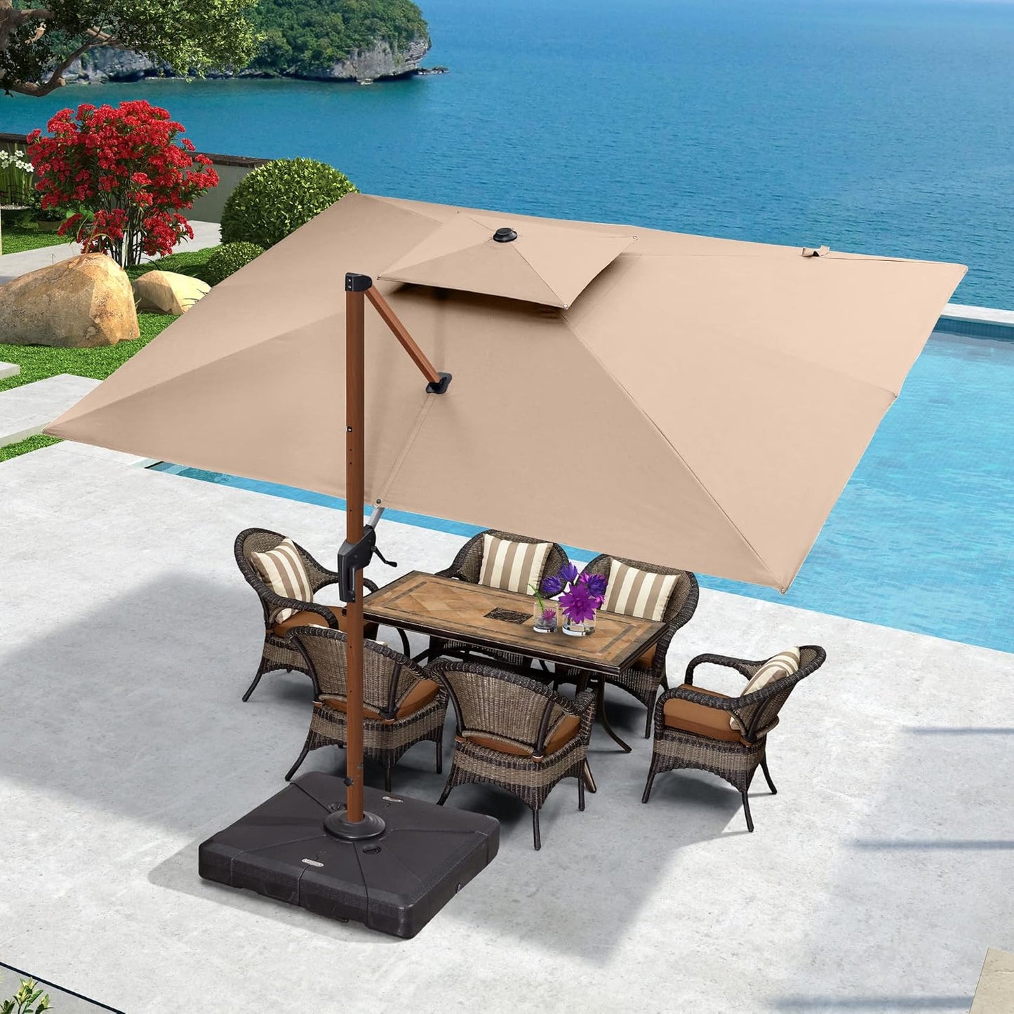 PURPLE LEAF 9' X 12' Double Top Deluxe Wood Pattern Rectangle Patio Umbrella Offset Hanging Umbrella Outdoor Market Umbrella Garden Umbrella, Beige