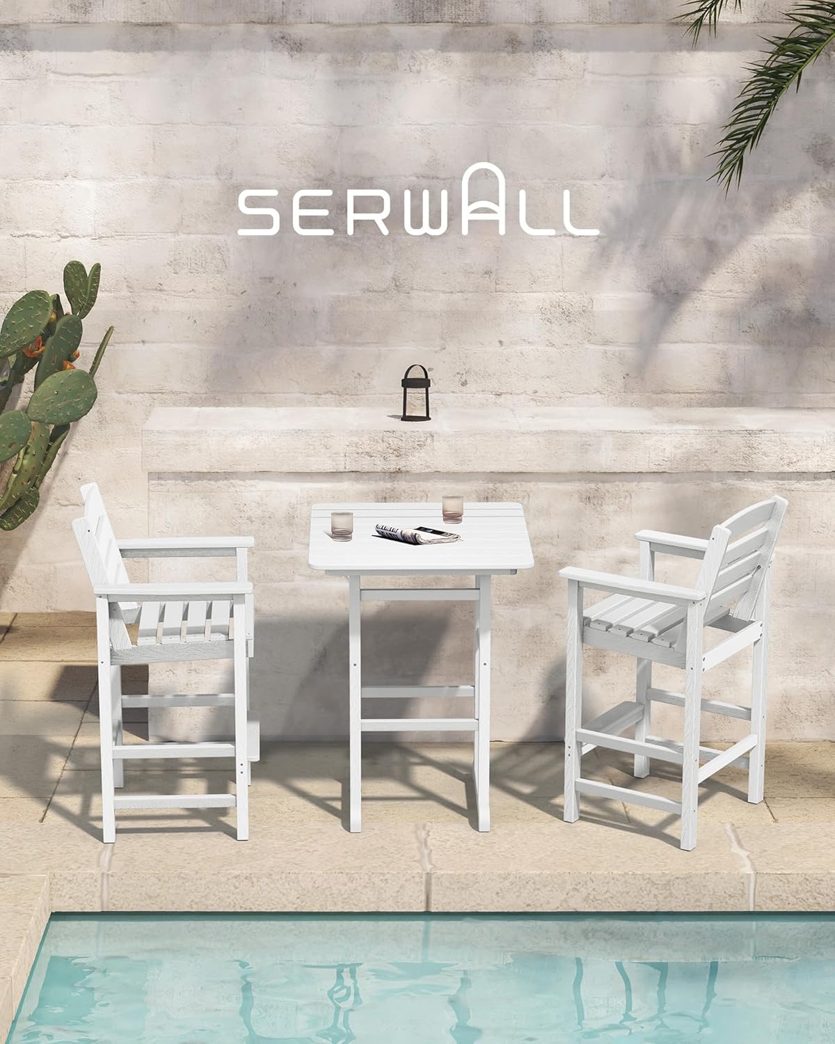 SERWALL Tall Adirondack Bar Chairs and Table 3 Pieces Set, Adirondack Bar Height Chairs Set of 2 and Bar Table, Outdoor Bar Stools Set for Bistro, Poolside, Backyard, White
