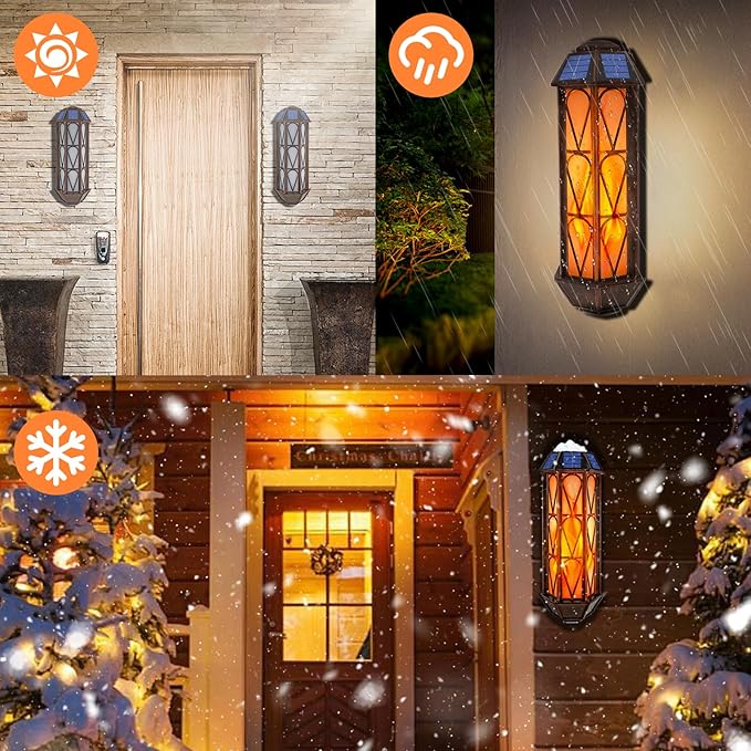 Solar Flame Lights Outdoor, Upgraded 74 LED Flickering Flame Lights, Solar Powered Auto On/Off, Outdoor Waterproof Wall Lanterns for House Garage Doorway Garden Porch Patio Yard Decoration (2 Pack)