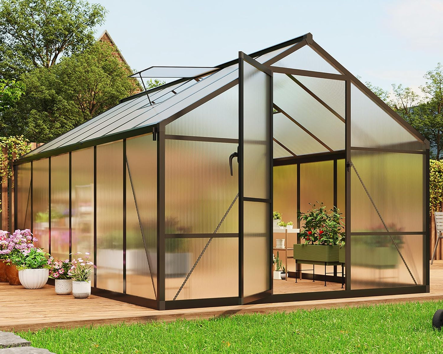 8 x 12 FT Greenhouse, Greenhouses for Outside, Polycarbonate Greenhouse with Aluminum Frame, Lockable Door and Ajustable Roof Vent for Backyard, Green Houses for Outside Garden Backyard, Patio