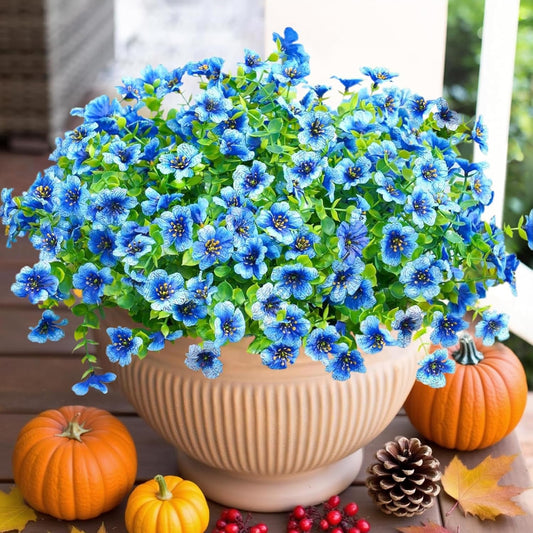 Artificial Flowers for Outdoor Indoor Garden Home Decoration, Faux Flower Daisy with Eucalyptus Leaves Fake Plants Greenery Boxwood Porch Patio, 12 Bundles (Blue)