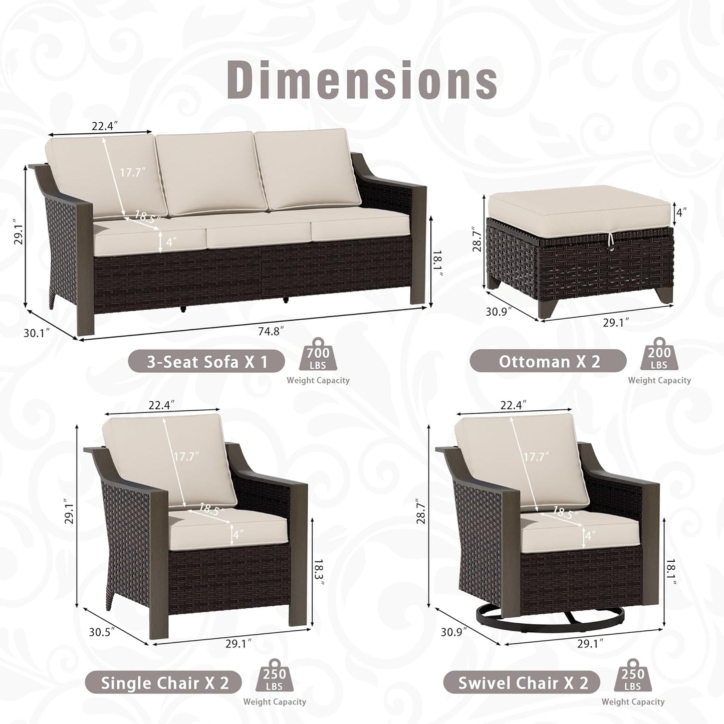 7 PCS Wicker Patio Conversation Set, All-Weather Use Outdoor 2 PE Rattan Swivel Chair, 2 PE Rattan Chair, 2 Ottoman, 1 Patio Sofa, Removable Water-Resistant Cushion, Beige