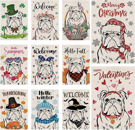Seasonal Garden Flags English Bulldog Dog Double Sided Flags Set of 11 Holiday Farmhouse Indoor Outdoor Yard Lawn Christmas Gifts Decorations 12.5x18 Inch
