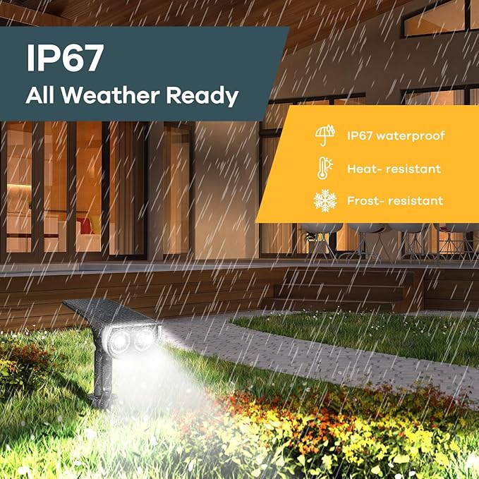 Linkind StarRayS 12 LEDs Landscape Solar Spotlights, Solar Powered Dusk-to-Dawn Outdoor Garden Lights, 350LM 3000K Warm White, IP67 Waterproof for Garden Yard Patio Driveway Porch, 2-Pack