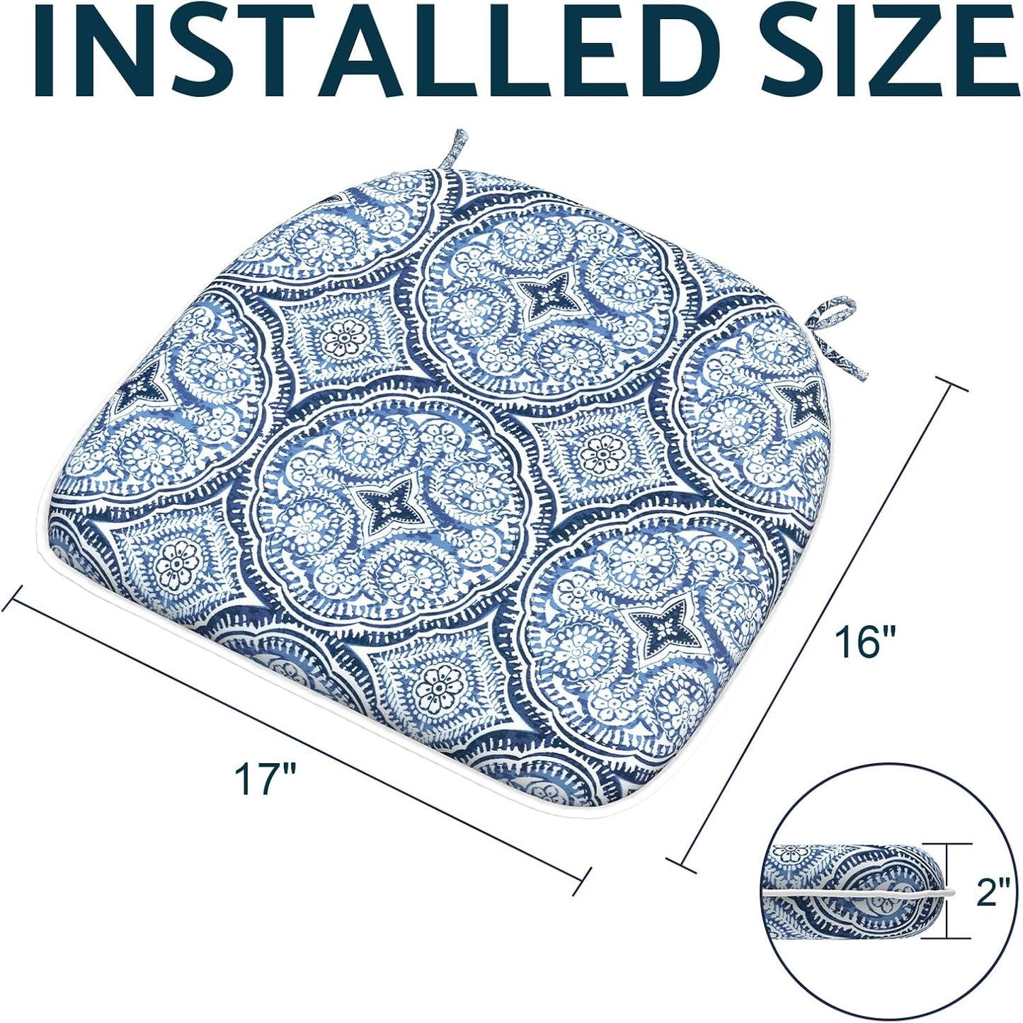 Indoor/Outdoor Chair Cushions 16x17 Inch, Patio Chair Cushions with Ties, All Weather Seat Cushions for Patio Furniture Home Garden Chair Use, Set of 4,Medallion Blue