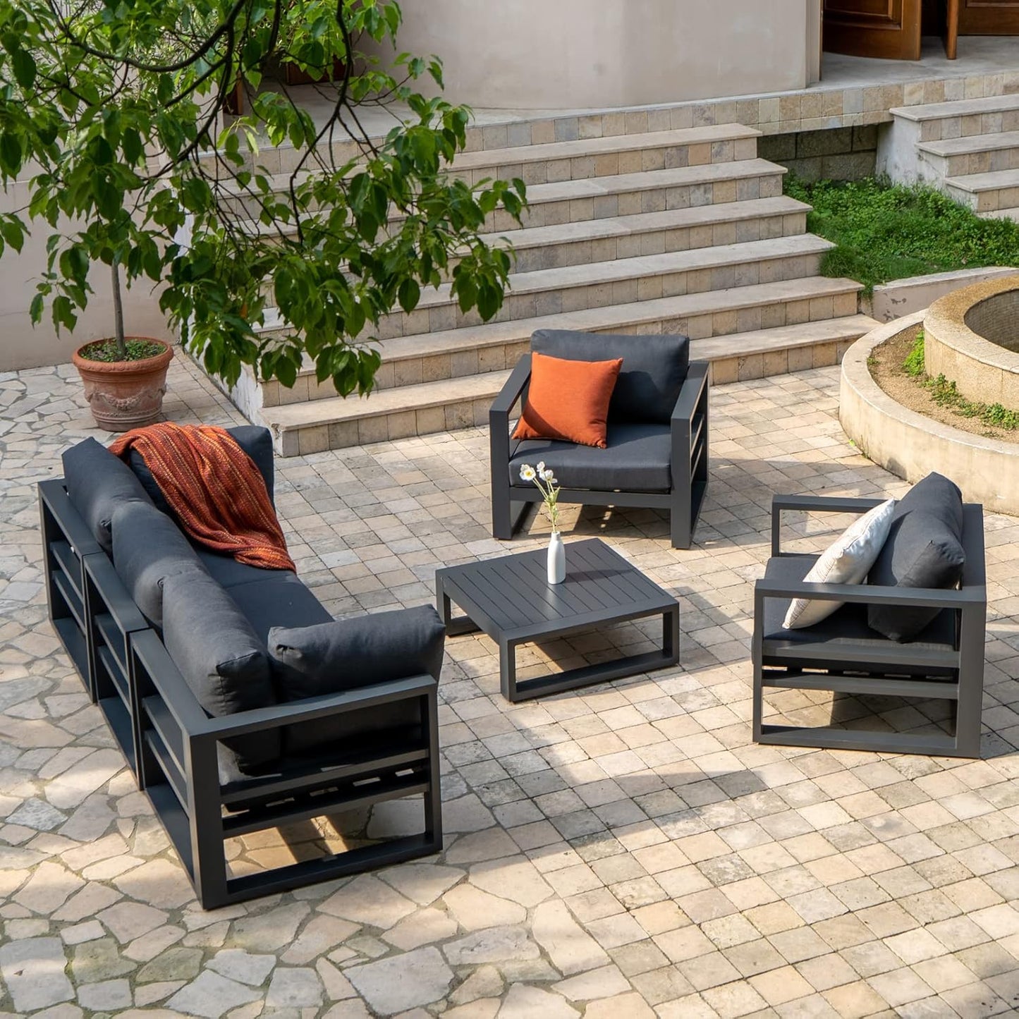 Outdoor Conversation Set 6 Pieces Aluminum Patio Furniture Modular Sectional Sofa Set with Armchairs, Square Coffee Tables, Dark Grey Cushions