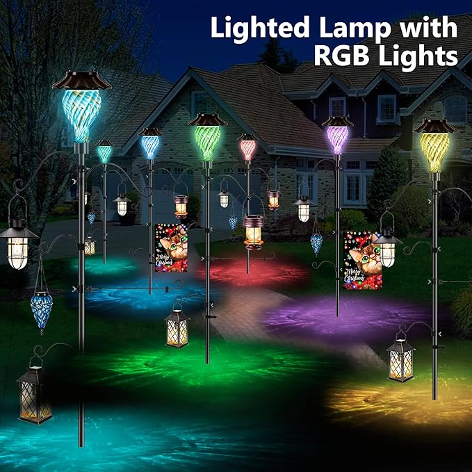 Solar Shepherds Hooks with Hand Blown Glass Lamp, Decorative RGB Lights, 4 Hooks & 1 Flag Holder, Heavy Duty Pole for Hanging Hummingbird Feeder, Bird Feeder, Wind Chime, Plant, Lantern (Teal)