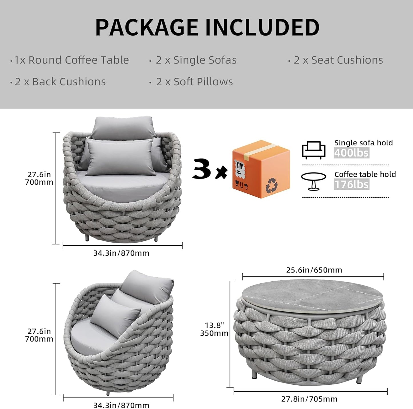 TWT 3 Pieces Aluminum Patio Furniture Set, Hand Woven Textilene Rope Outdoor Sofa Set w/Washable Cushion and Rock Slab Tabletop, Conversation Furniture for Livingroom Poolside Balcony (Grey)