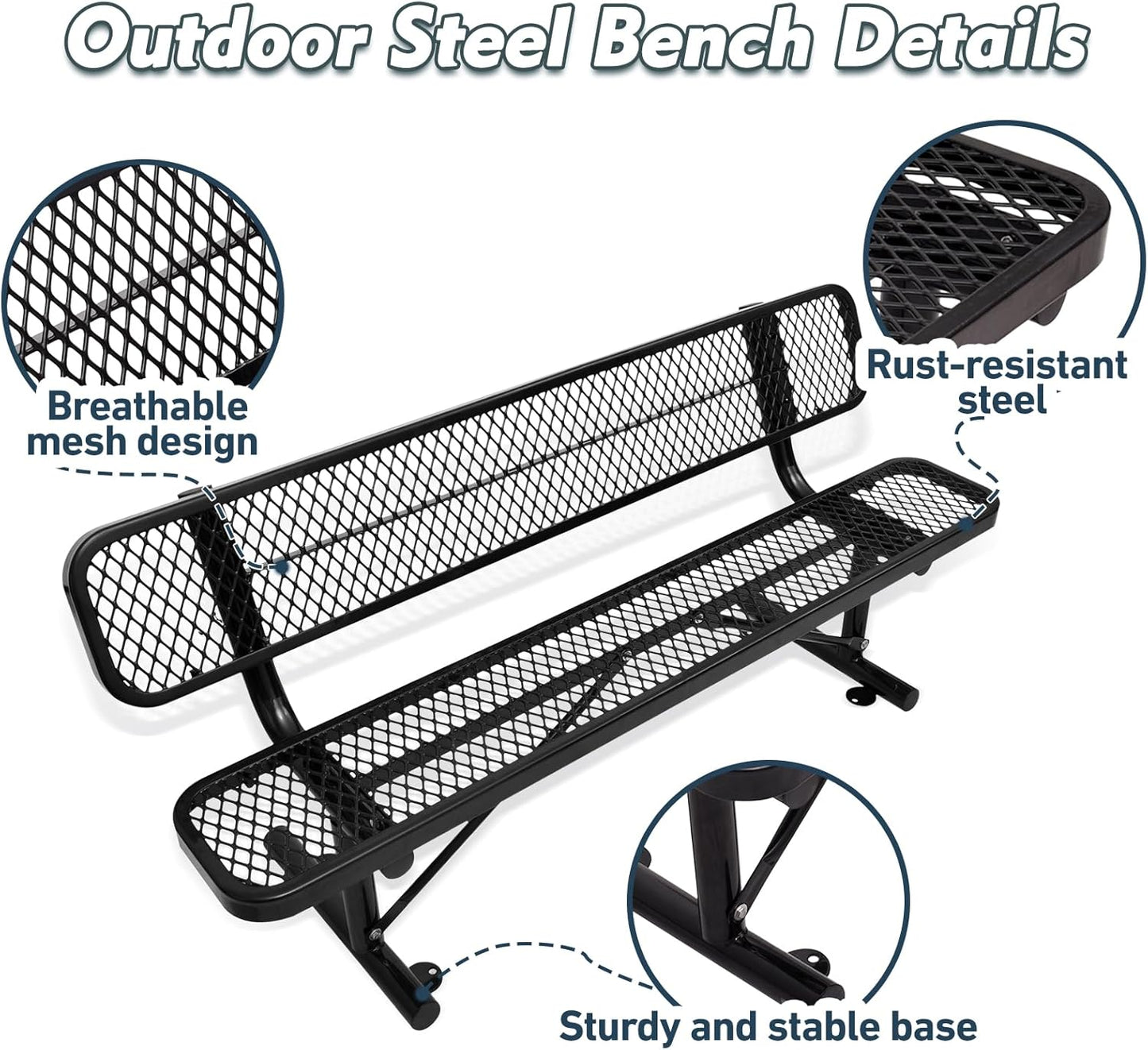 Thermoplastic Coated Iron Park Bench for Outside, Heavy Duty Metal Garden Bench, Expanded Commercial Grade Seating for Shopping Malls, Lawn Yard Porch Entryway (Black with Backrest, 72IN)