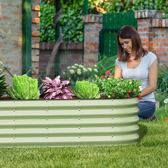 Oval 8x2x1.5 FT Galvanized Raised Garden Bed Kit, 31 in 1 Large Metal Planter Box for Outdoor Gardening, 18” Garden Bed for Vegetables Flower Herb(Sage Green)