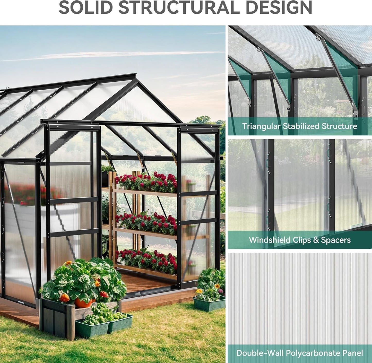 YITAHOME 12x8FT Polycarbonate Greenhouse Large Heavy Duty Green Houses Outdoor Aluminum Greenhouses with Sliding Doors Vent Window Walk-in Greenhouse for Garden Backyard, Black