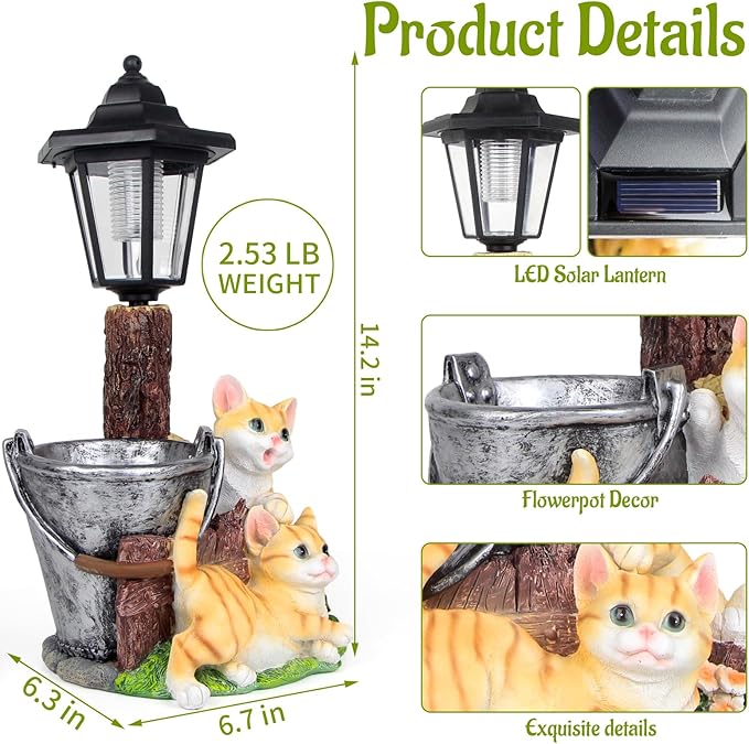 Solar Cat Outdoor Statues, Garden Sculptures with Flowerpot Decor & Solar Lantern for Yard Art Lawn Ornaments Porch Patio Balcony - Idea Gifts for Women Mom Grandma