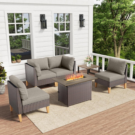 HUMMUH 6 Pieces Patio Furniture Set with Fire Pit,Outdoor Modular Sectional Loveseat Chairs with Table,All Weather PE Wicker Patio Conversation Sets for Deck Porch Backyard