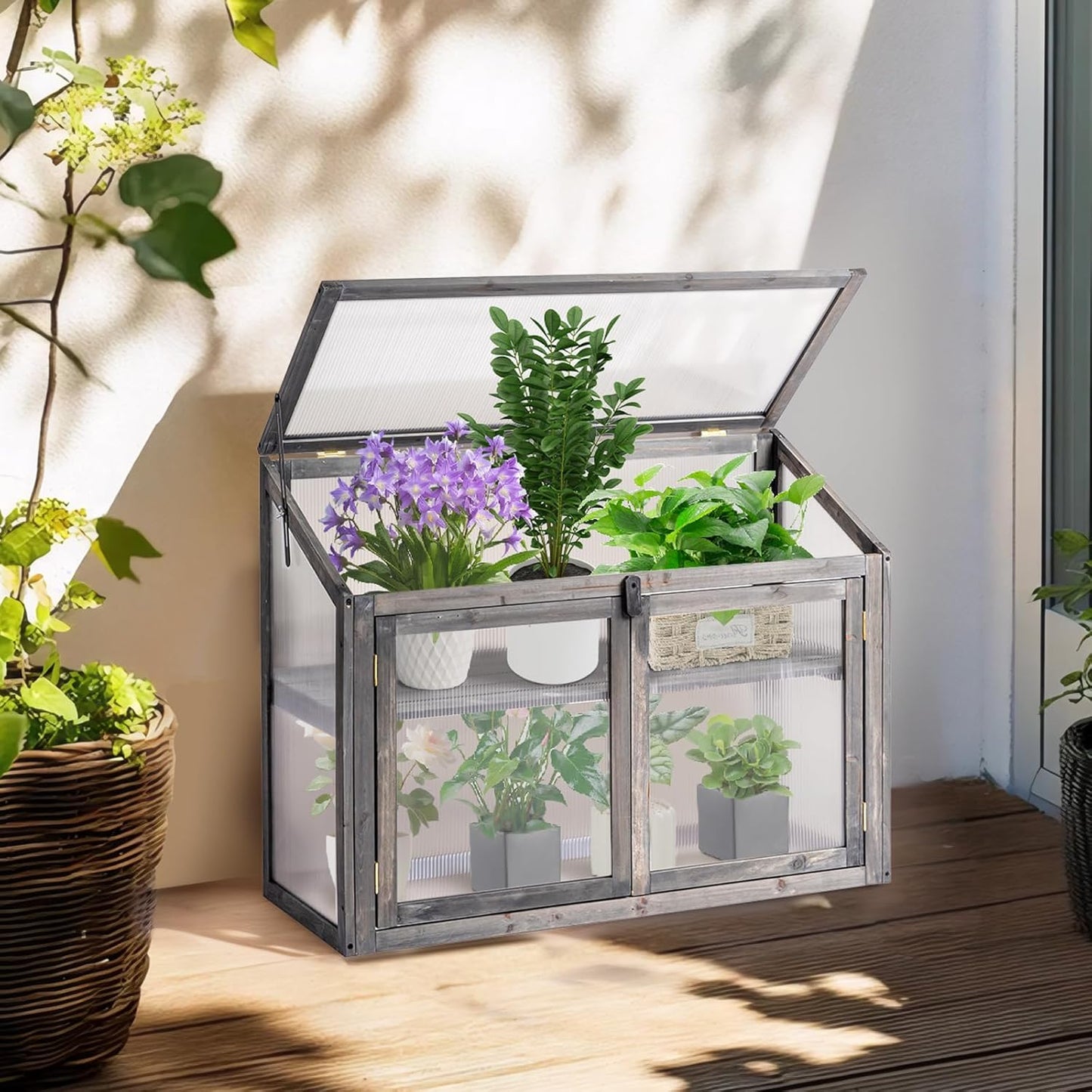 VINGLI Cold Frame Greenhouse, Mini Wooden Green House with Flip-Top Roof, Raised Flower Planter Shelf, Small Lockable Wood Cabinet for Plants Indoor Outdoor (Grey, 35.43" x 14.37" x 27.36")