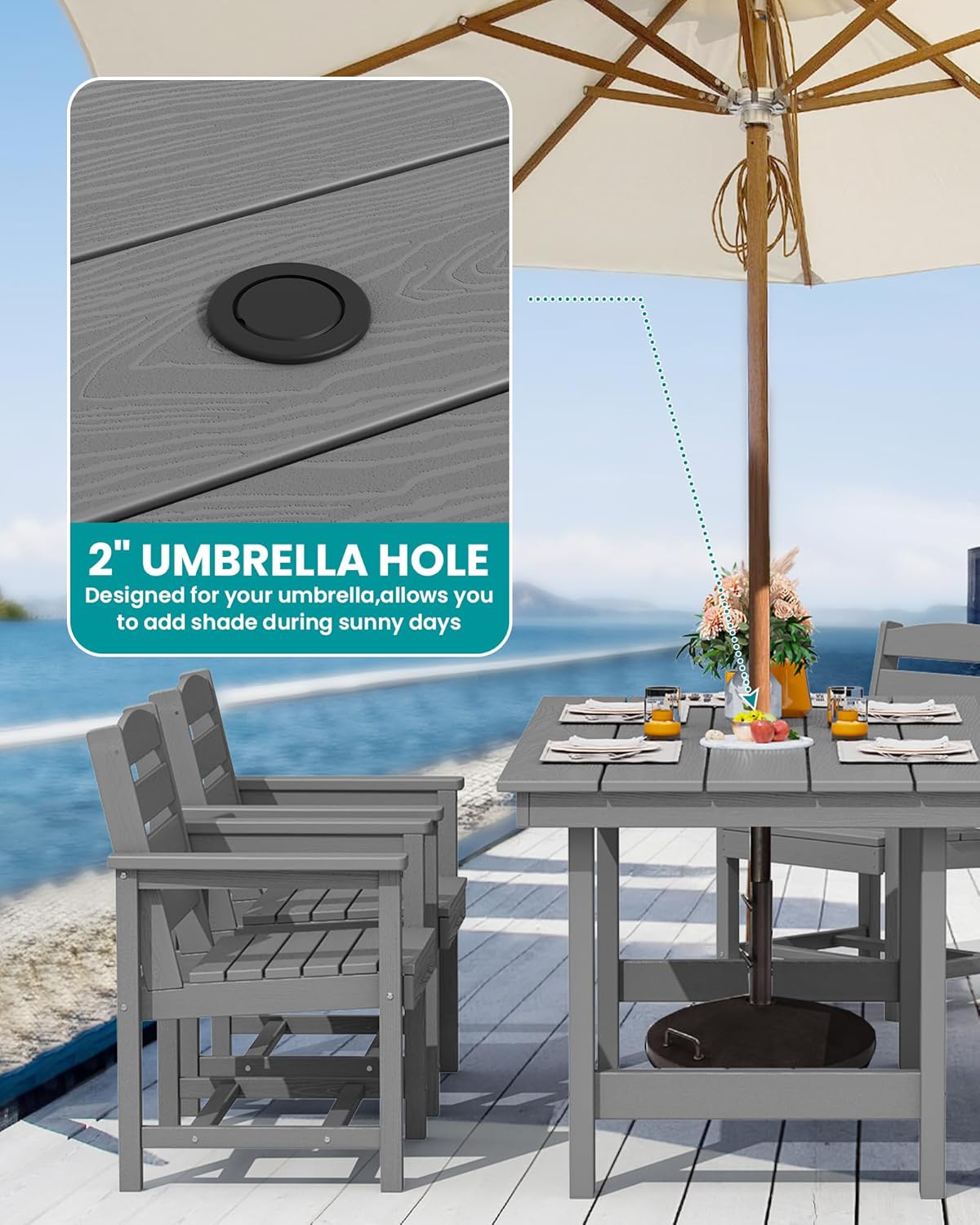 SERWALL Modern Patio Dining Set, 5-Piece Rectangular HDPE Dining Table with Umbrella Hole & 4 Chairs, Grey