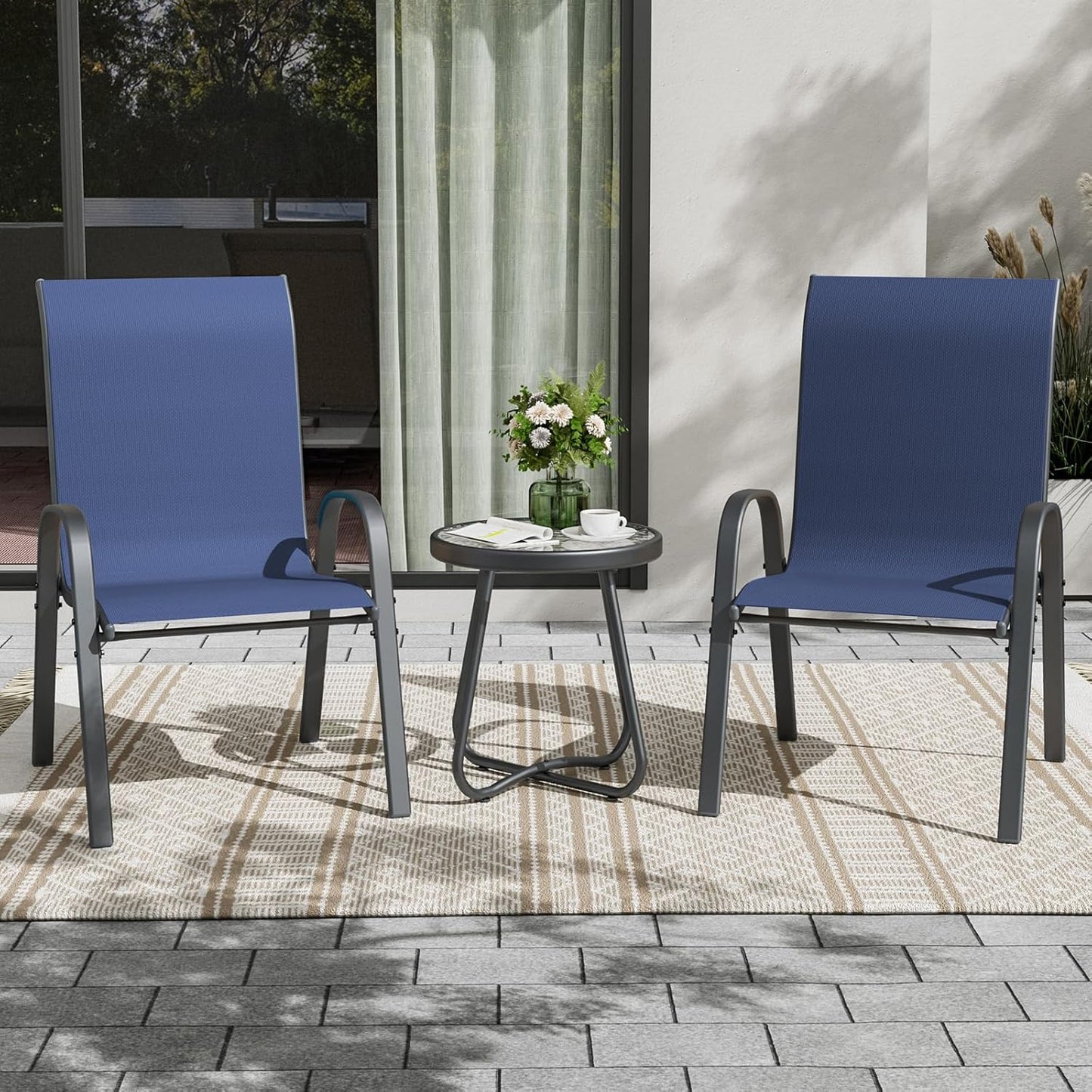 UDPATIO Patio Dining Set of 3, Outdoor Table and Chairs Set with Glass Table, 2 Stackable Patio Chairs with High Back, Outdoor Furniture Sets for Deck Garden Backyard Lawn Poolside (Blue)